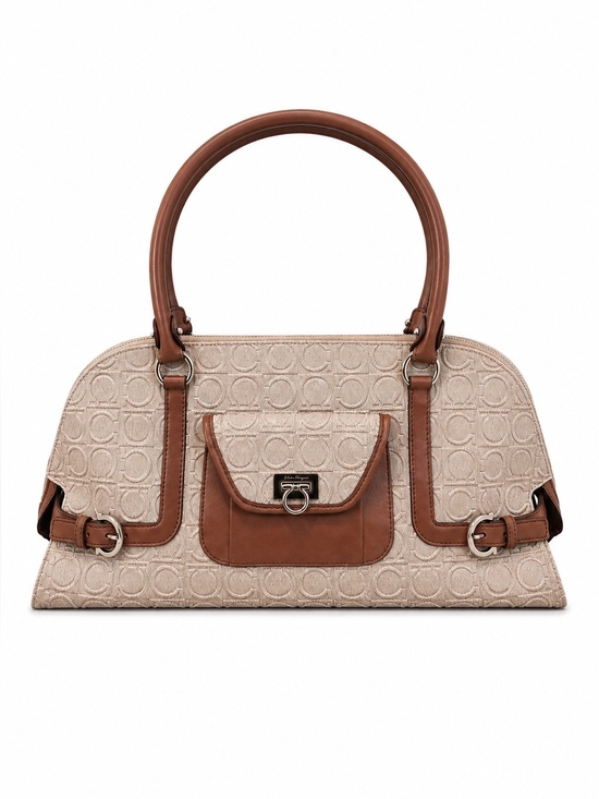 Handbags - Salvatore Ferragamo Gancini Canvas & Leather Satchel Handbag Beige Brown Italy